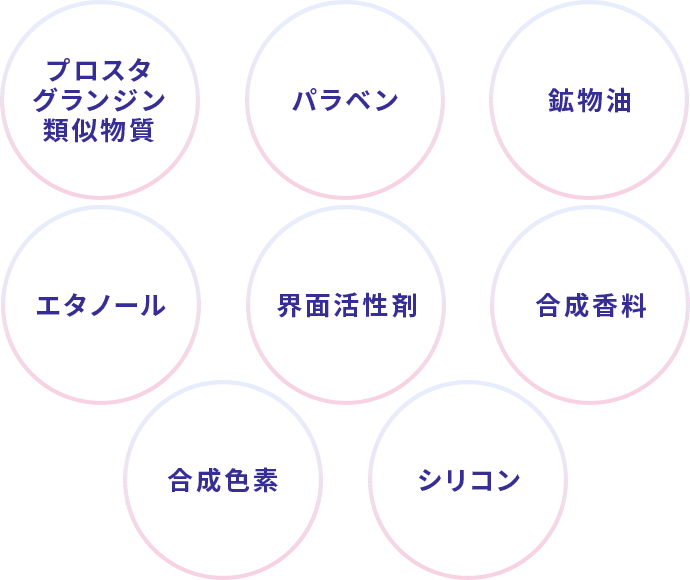 パラベン、鉱物油、エタノール、シリコン、合成色素、合成香料、界面活性剤