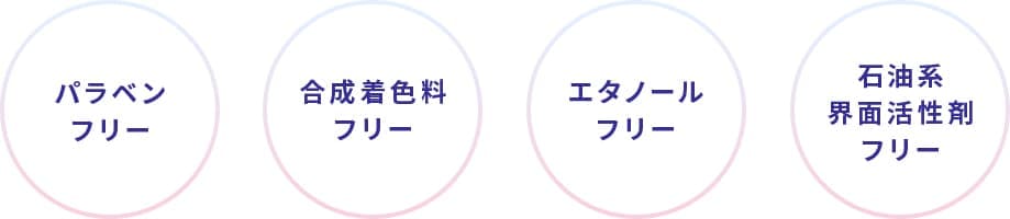 パラベンフリー、合成着色料フリー、エタノールフリー、石油系界面活性剤フリー