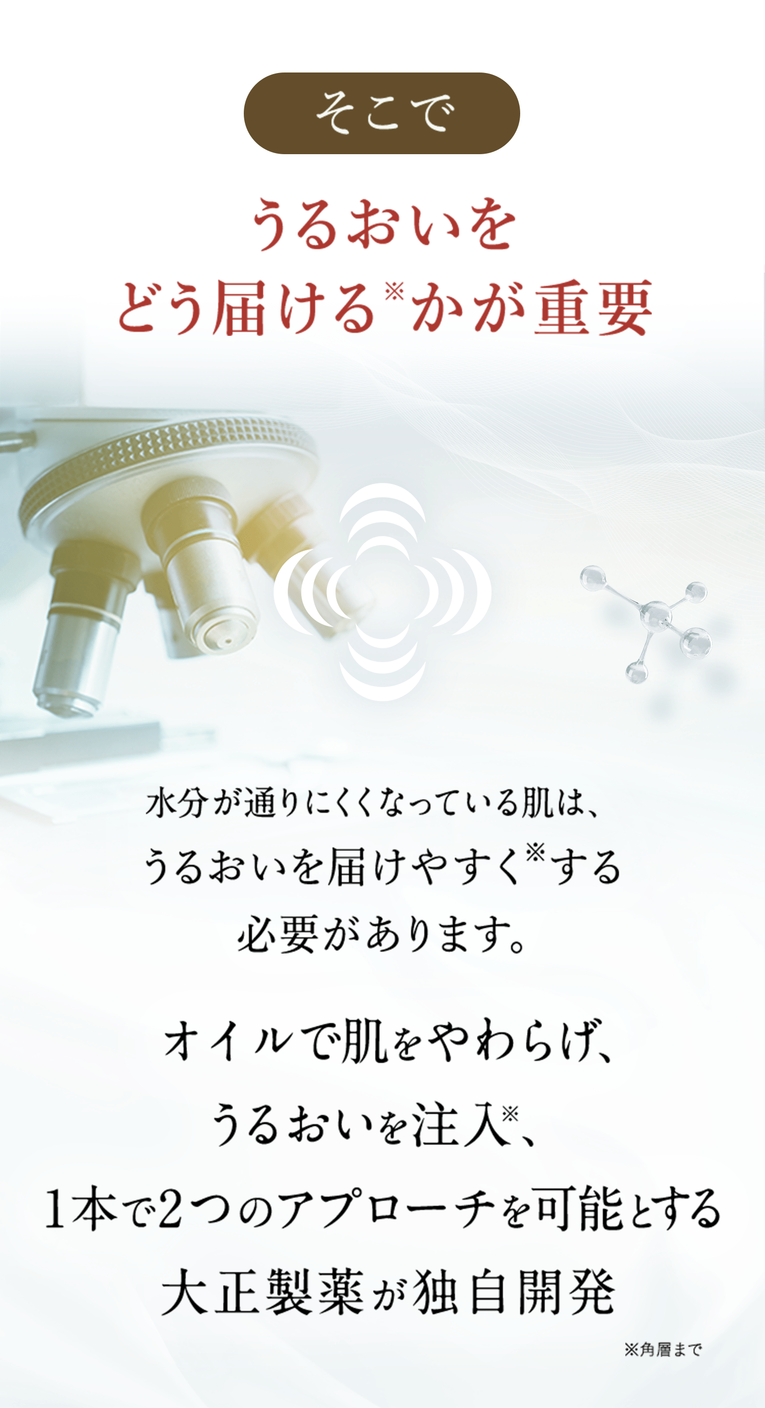 そこでうるおいをどう届ける※かが重要 水分が通りにくくなっている肌は、うるおいを届けやすく※する必要があります。 オイルで肌をやわらげ、うるおいを注入、1本で2つのアプローチを可能とする大正製薬が独自開発 ※角層まで