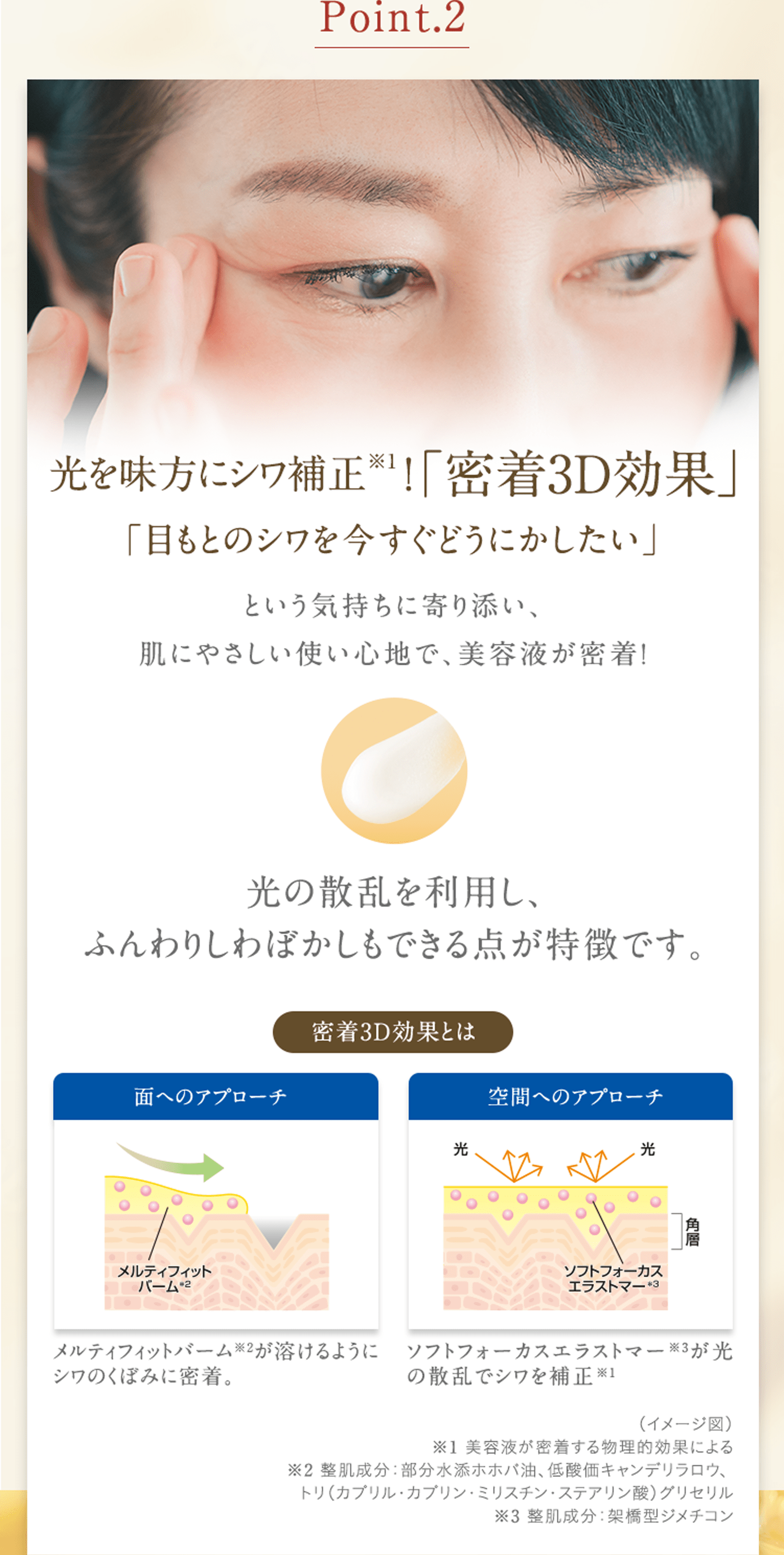 Point.2 光を味方にシワ補正※1! 「密着3D効果」「目もとのシワを今すぐどうにかしたい」という気持ちに寄り添い、肌にやさしい使い心地で、美容液が密着!光の散乱を利用し、ふんわりしわぼかしもできる点が特徴です。 密着3D効果とはメルティフィットバーム※2が溶けるようにシワのくぼみに密着。 ソフトフォーカスエラストマー※3が光の散乱でシワを補正※1(イメージ図)※1 美容液が密着する物理的効果による※2 整肌成分:部分水添ホホバ油、低酸価キャンデリラロウ、 トリ(カプリル・カプリン・ミリスチン・ステアリン酸)グリセリル※3 整肌成分:架橋型ジメチコン