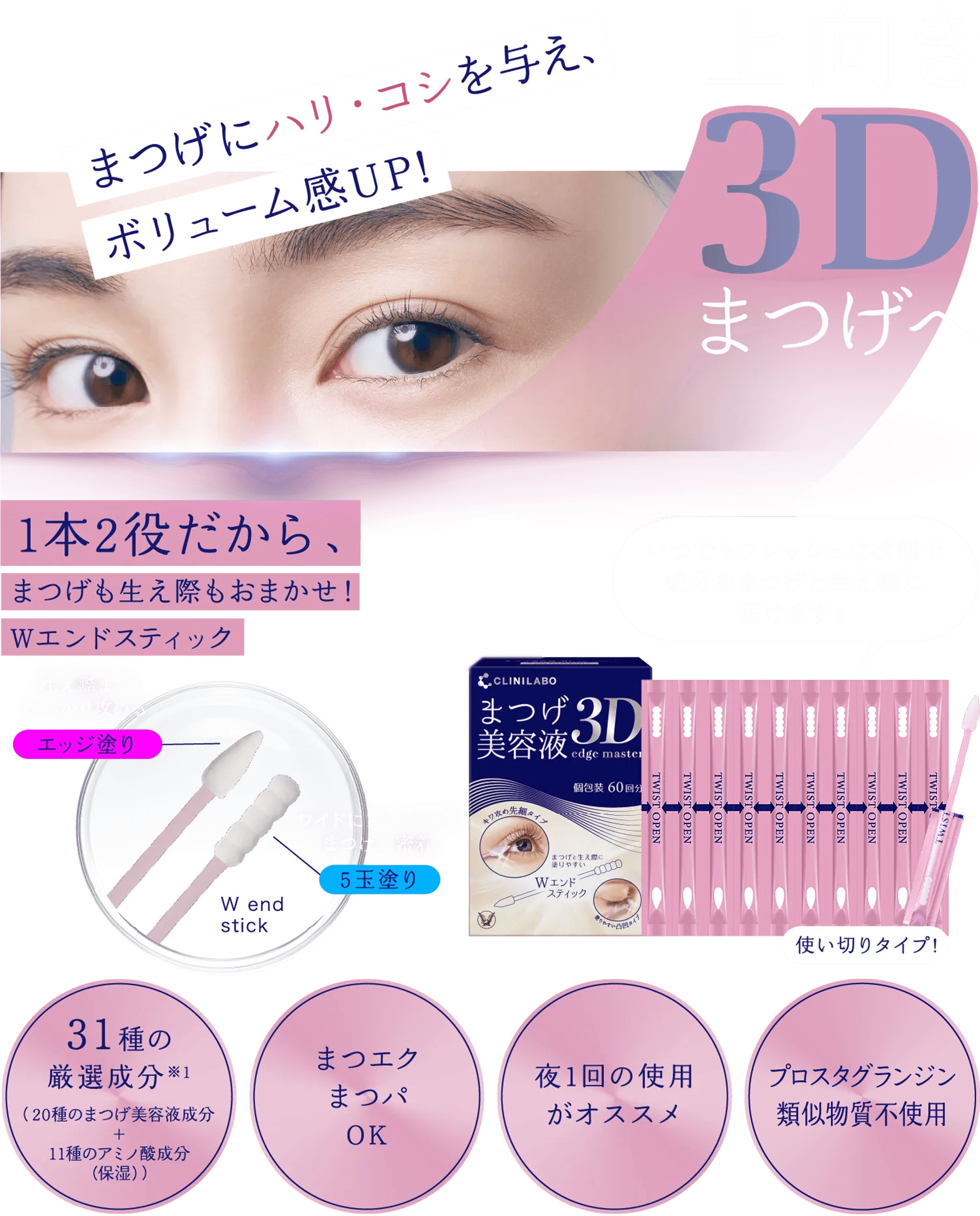 まつげにハリ・コシを与え、ボリューム感アップ