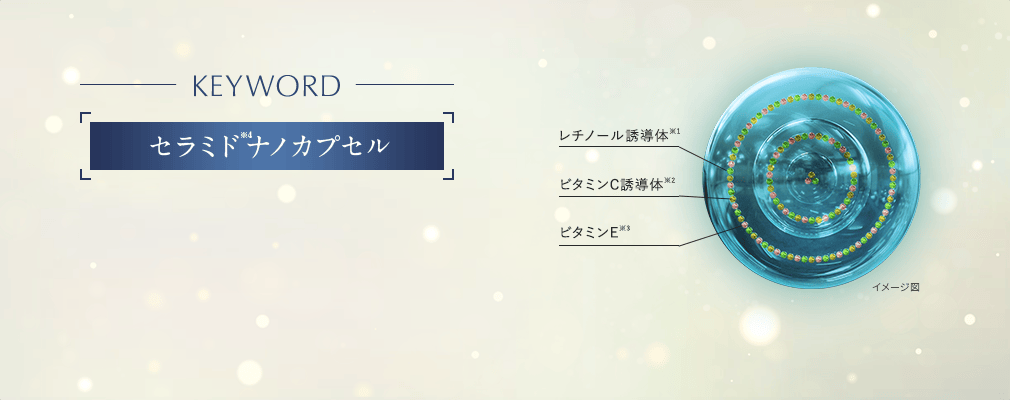 KEYWORD セラミド※4ナノカプセル レチノール誘導体※1 ビタミンC誘導体※2 ビタミンE※3 イメージ図 