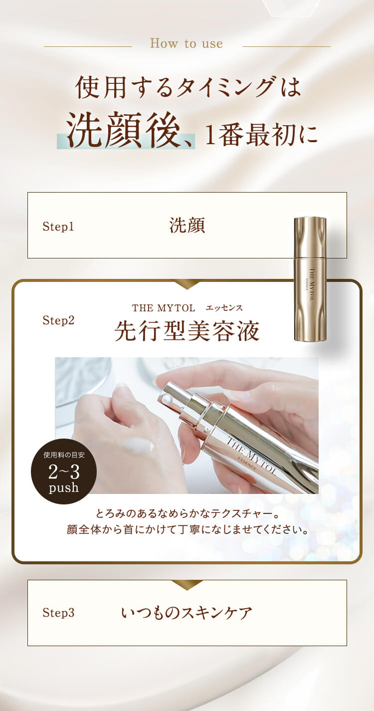 Step1 洗顔、Step2 ザ マイトル エッセンス 先行型美容液、Step3 いつものスキンケア
