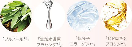 「プルノール*2」「無加水濃厚プラセンタ*3」「低分子コラーゲン*4」「ヒドロキシプロリン*5」