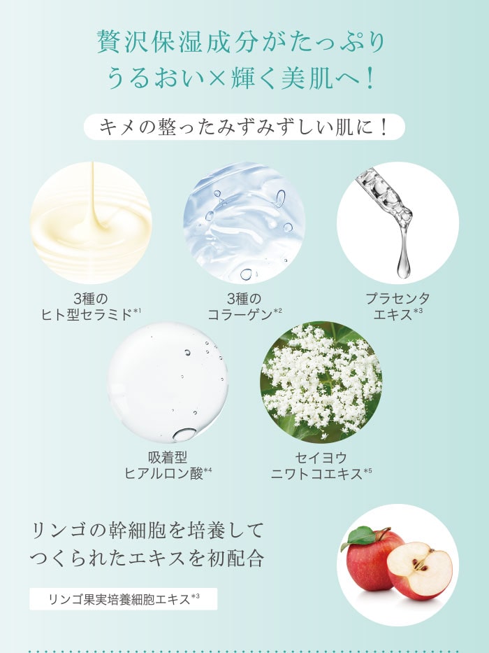 贅沢保湿成分がたっぷり うるおい×輝く美肌へ! キメの整ったみずみずしい肌に!