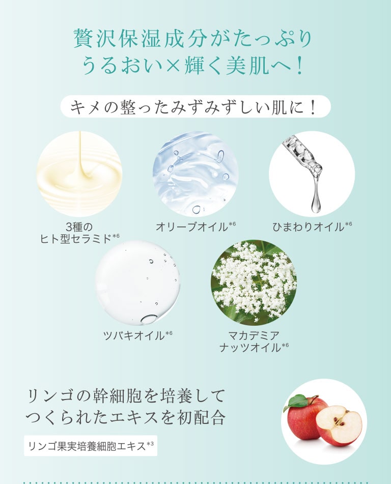 贅沢保湿成分がたっぷり うるおい×輝く美肌へ! キメの整ったみずみずしい肌に!