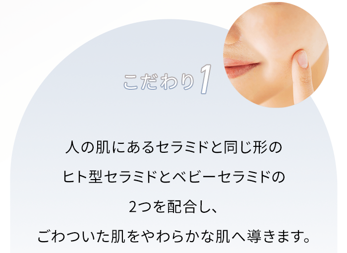 こだわり1 人の肌にあるセラミドと同じ形のヒト型セラミドとベビーセラミドの2つを配合し、ごわついた肌をやわらかな肌へ導きます。