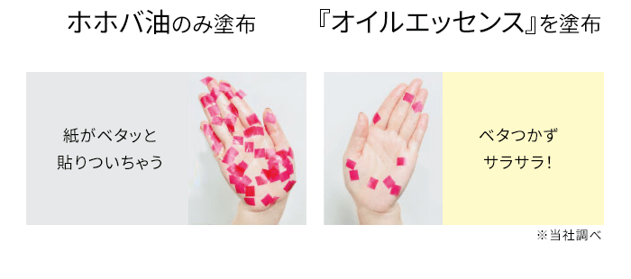 ホホバ油のみ塗布 紙がベタッと貼りついちゃう / 『オイルエッセンス』を塗布 ベタつかずサラサラ! ※当社調べ