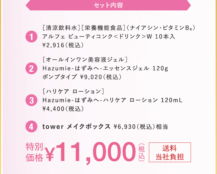 セット内容 1.［清涼飲料水］［栄養機能食品］ アルフェ ビューティコンク＜ドリンク＞W 10本入 2.［オールインワン美容液ジェル］ Hazumie-はずみへ-エッセンスジェル 120g  3.［ハリケア ローション］ Hazumie-はずみへ-ハリケア ローション 120mL 4.tower メイクボックス