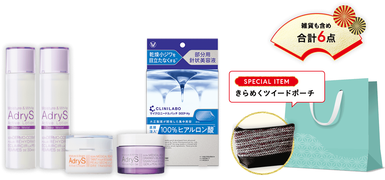 セット内容の画像　雑貨も含め合計6点／SPECIAL ITEM きらめくツイードポーチ