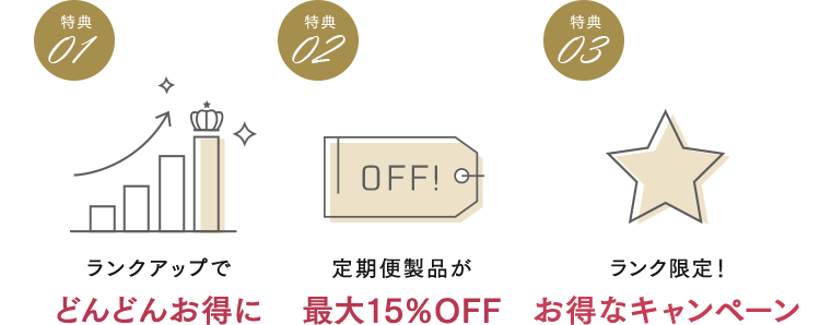 ランクアップでどんどんお得に 定期便製品が最大15％OFF ランク限定！お得なキャンペーン