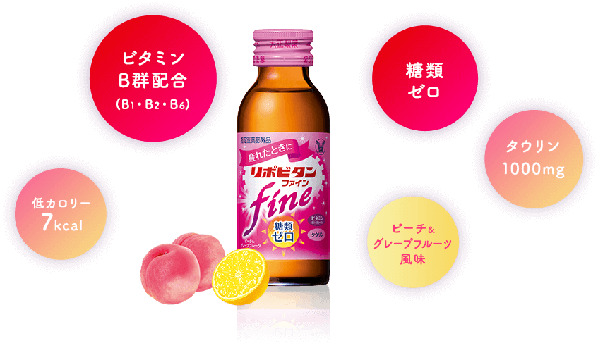 ビタミンB郡配合(B1・B2・B6)、糖類ゼロ、タウリン1000mg、低カロリー7kcal、ピーチ&グレープフルーツ風味